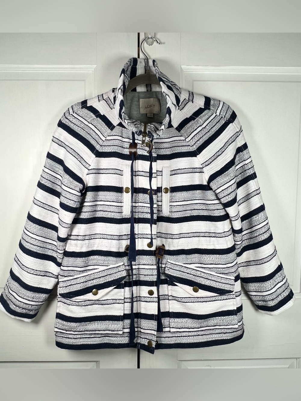 LOFT Striped High Neck Lined Jacket - White & Navy Size XSP